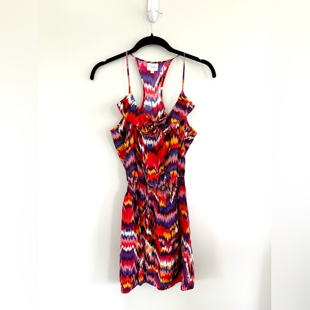 PARKER 100% Silk Colorful Patterned Spaghetti Strap Women's Summer Dress Sz M